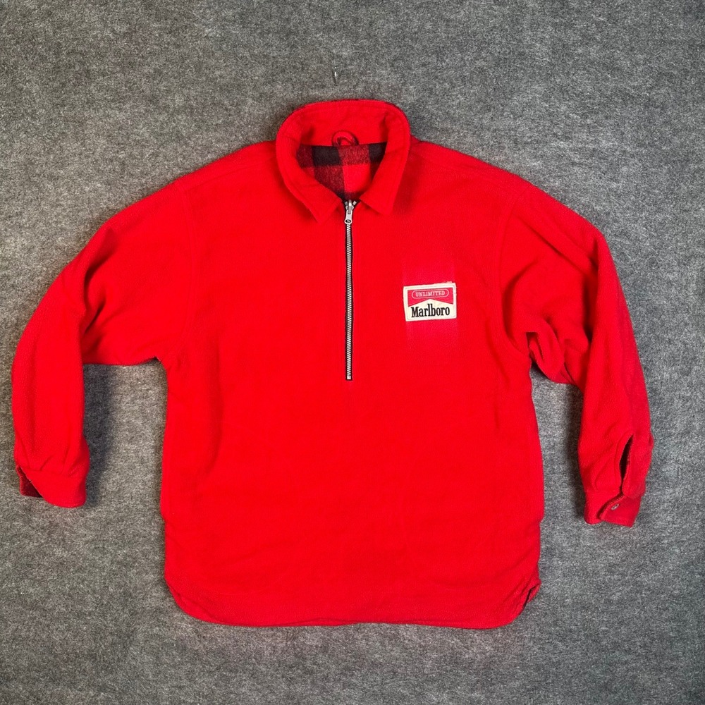 VTG 90s Marlboro Unlimited Reversible Fleece XL Pullover Half Zip Buffalo Plaid